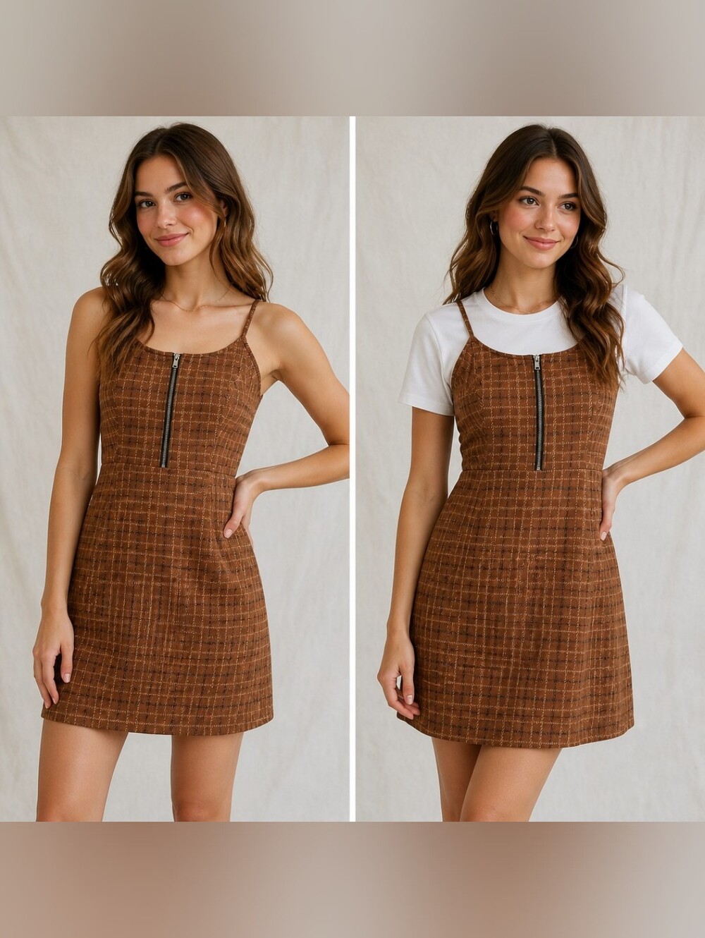 No Boundaries Brown Plaid Zip-Front Mini Dress